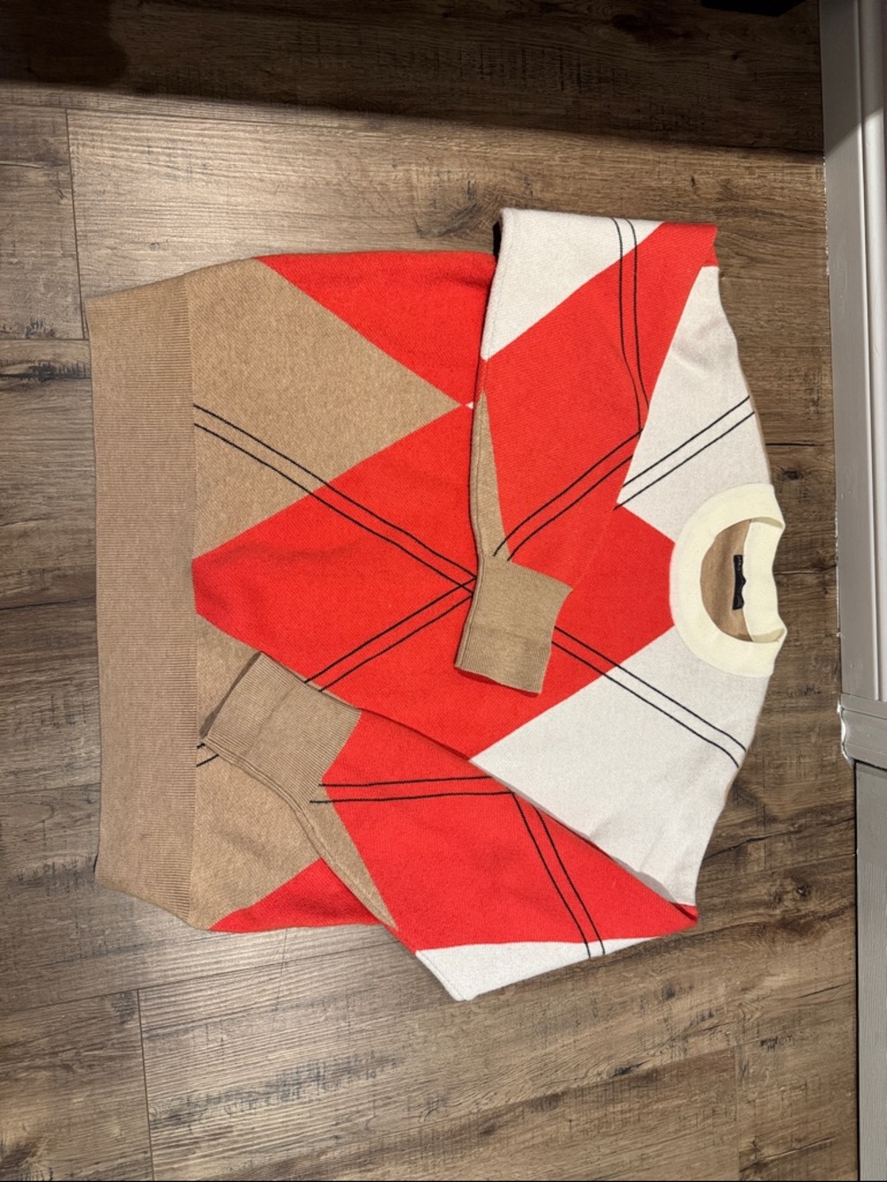 Colorblock Geometric Crewneck Sweater - Red, Beige, White